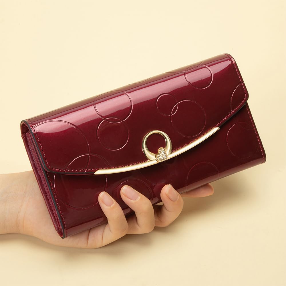 HOTWallet Women's Genuine Leather Long Three Fold Wallet Bright Leather Large Capacity Buckle, Circled Embossed Pattern, RFID and Magnetic Anti Theft (Wine Red)