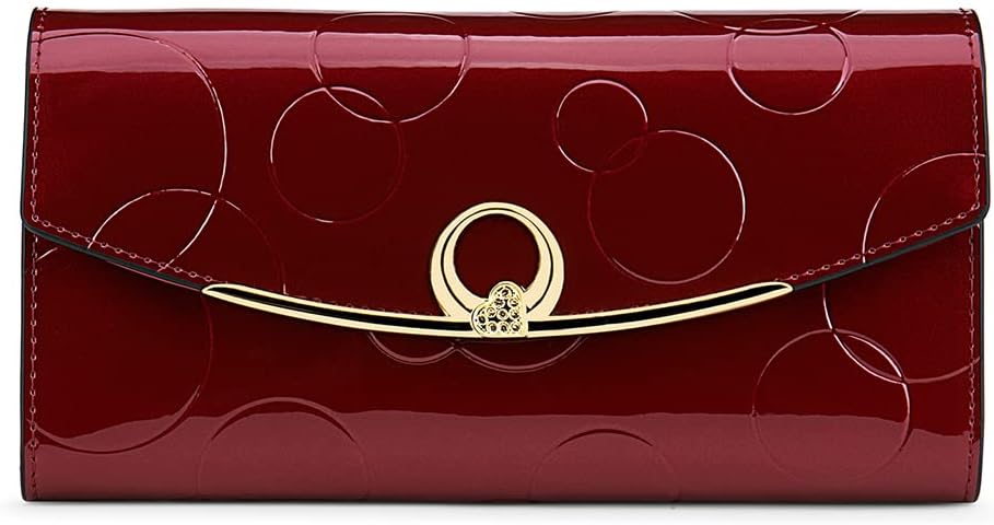 HOTWallet Women's Genuine Leather Long Three Fold Wallet Bright Leather Large Capacity Buckle, Circled Embossed Pattern, RFID and Magnetic Anti Theft (Wine Red)