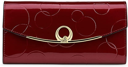 HOTWallet Women's Genuine Leather Long Three Fold Wallet Bright Leather Large Capacity Buckle, Circled Embossed Pattern, RFID and Magnetic Anti Theft (Wine Red)