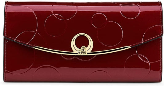 HOTWallet Women's Genuine Leather Long Three Fold Wallet Bright Leather Large Capacity Buckle, Circled Embossed Pattern, RFID and Magnetic Anti Theft (Wine Red)