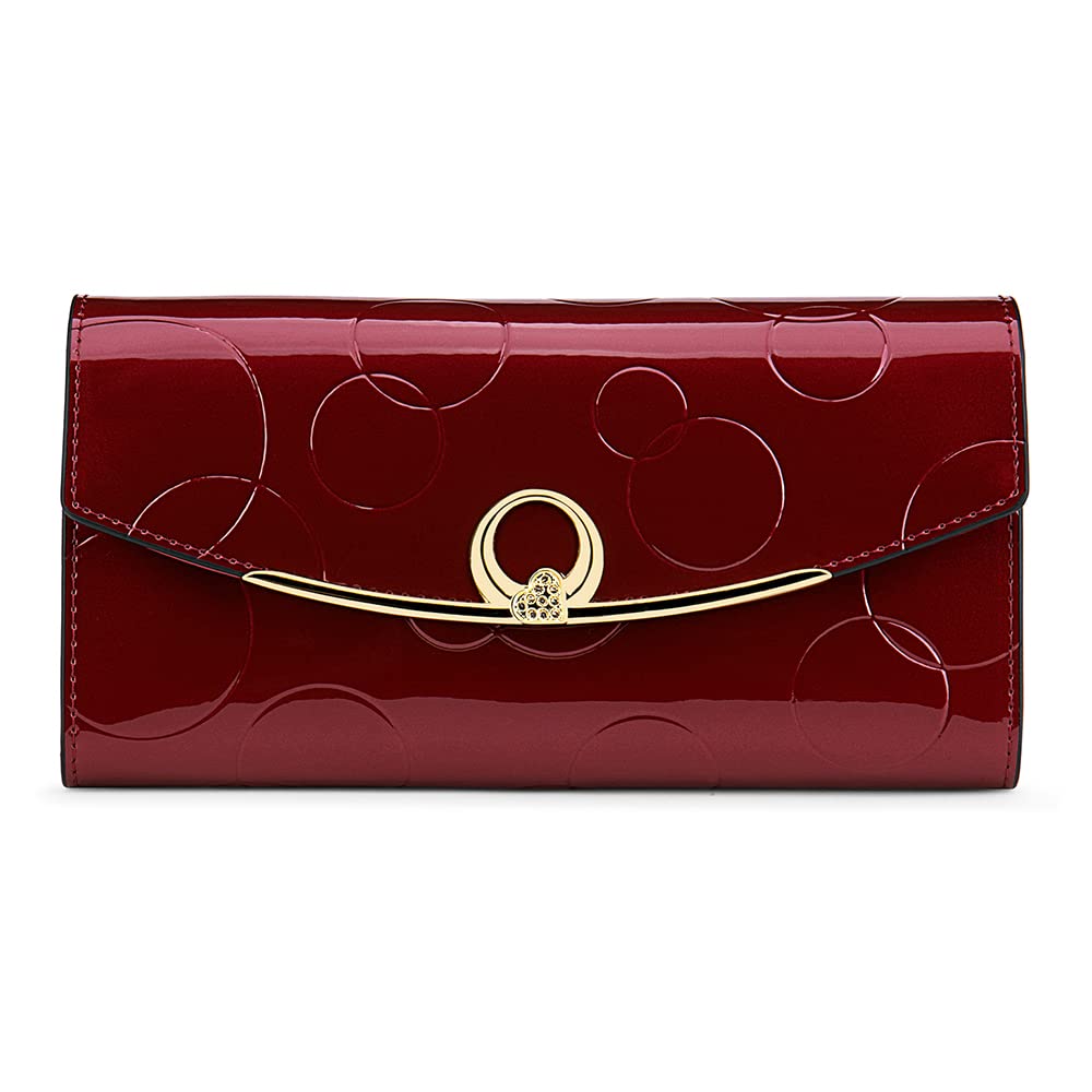 HOTWallet Women's Genuine Leather Long Three Fold Wallet Bright Leather Large Capacity Buckle, Circled Embossed Pattern, RFID and Magnetic Anti Theft (Wine Red)