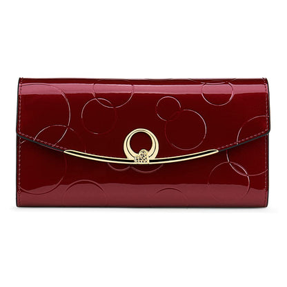 HOTWallet Women's Genuine Leather Long Three Fold Wallet Bright Leather Large Capacity Buckle, Circled Embossed Pattern, RFID and Magnetic Anti Theft (Wine Red)