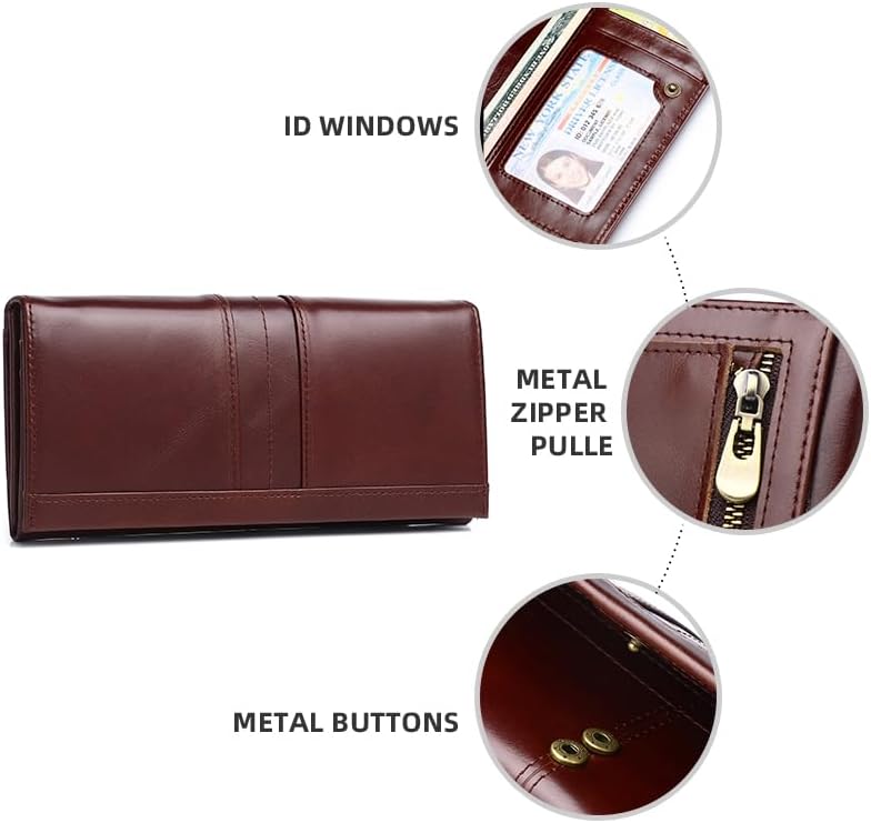 HOTRFID Blocking Wallets for Women Leather Long Ladies Wallet Bifold Womens Wallet with Coin Pocket ID Window,Coffee