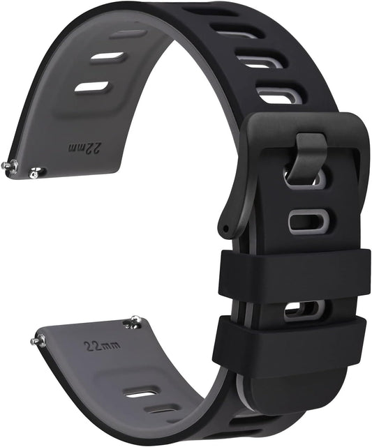 HOTWOCCI 22mm Bicolor Watch Band, Silicone Rubber, Quick Release Replacement Strap for Men and Women, Black Stainless Steel Buckle (Black-Grey)