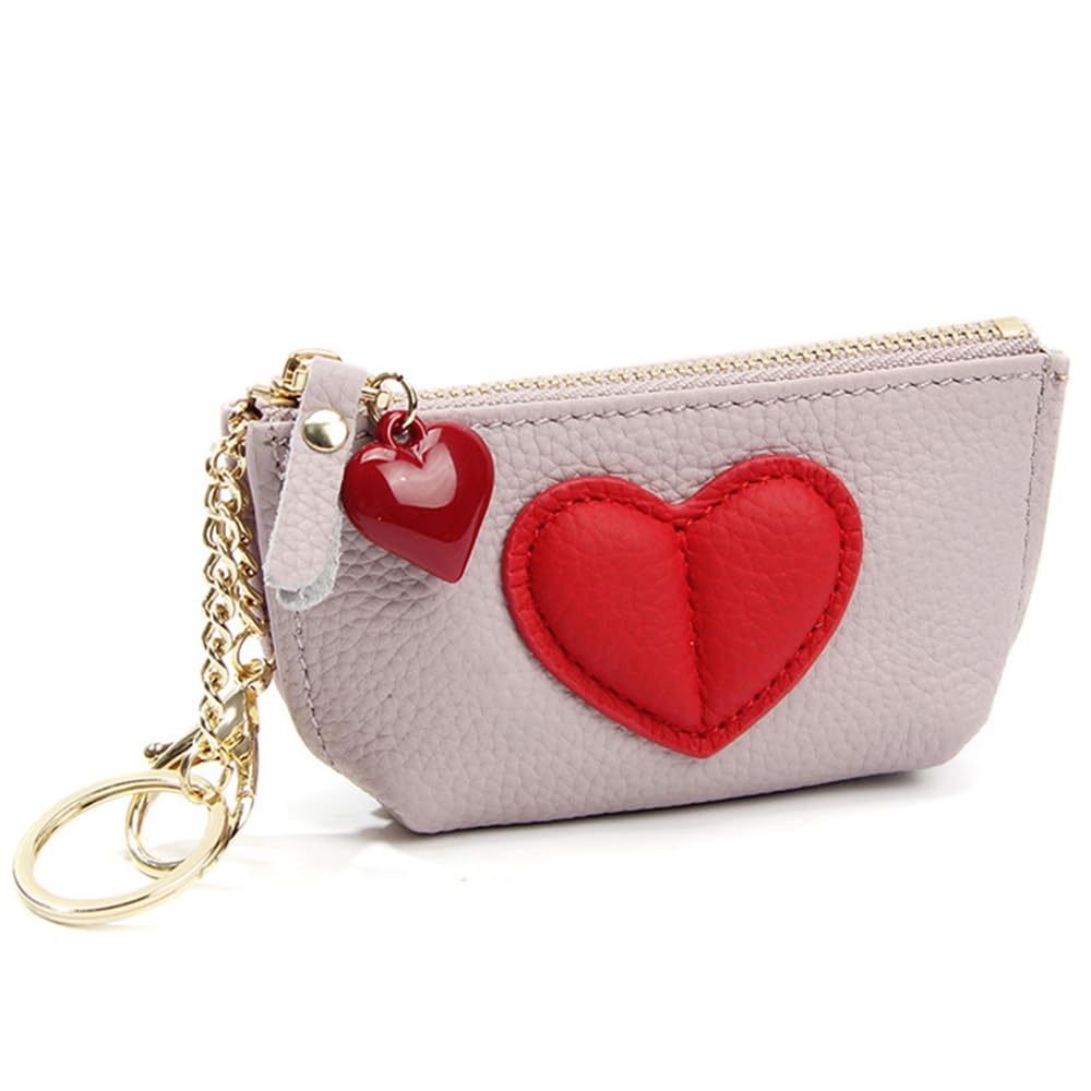 HOTRejolly Coin Pouch Purse for Women Girls Real Leather Mini Change Wallet With Keychain Key Ring Cute Heart Attachment for Purse Cream White