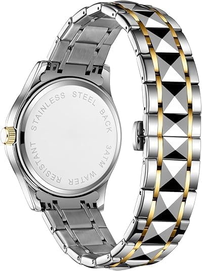 HOTGosasa Luxury Men's and Women's Business Diamond Stainless Steel Waterproof Roman Numeral Analog Quartz Watch with Day-Date Calendar, Gold and Silver Tone