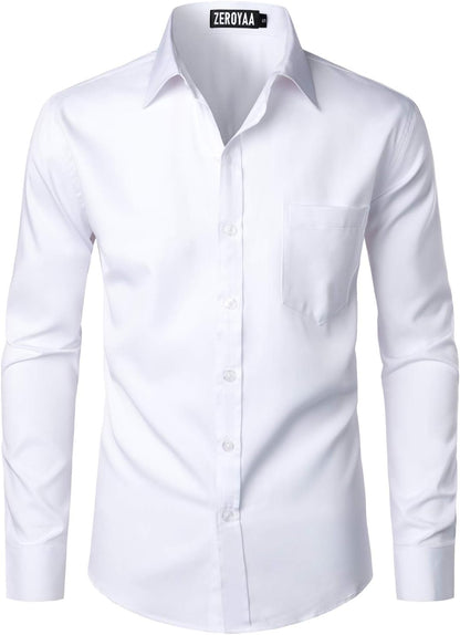 HOTZEROYAA Men's Urban Stylish Casual Business Slim Fit Long Sleeve Button Up Dress Shirt with Pocket