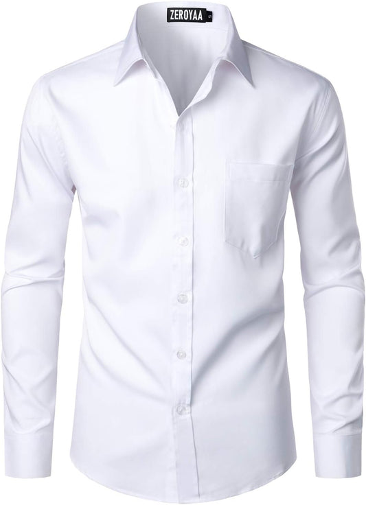 HOTZEROYAA Men's Urban Stylish Casual Business Slim Fit Long Sleeve Button Up Dress Shirt with Pocket