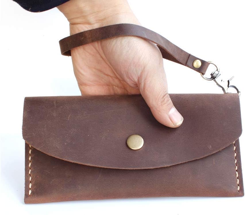HOTHandmade Leather Wristlet Wallet with Card Slots Retro Multi-function Envelope Mobile Phone Card Holder Clutch Wallet with Hand Wrist Lanyard