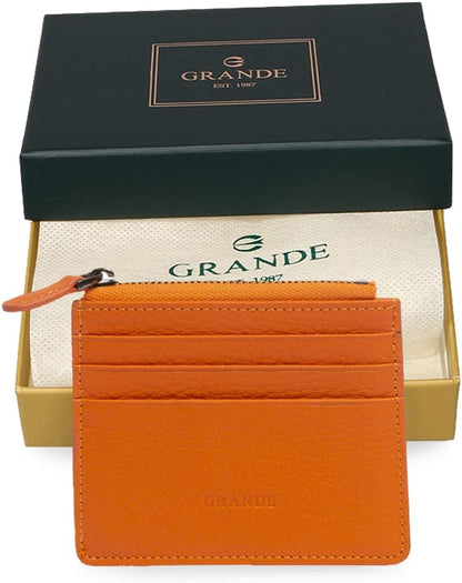 HOTgrande 3603 Genuine Leather Card Holder For Women and Men Slim Minimalist Small Zipper Wallet (ORANGE)