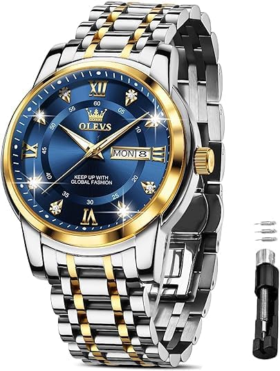 HOTOLEVS Men Watch Blue Gold Analog Quartz Stainless Steel Waterproof Luminous Date Luxury Casual Watch