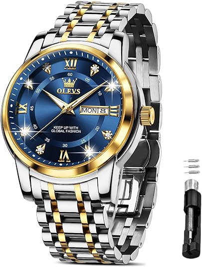 HOTOLEVS Men Watch Blue Gold Analog Quartz Stainless Steel Waterproof Luminous Date Luxury Casual Watch