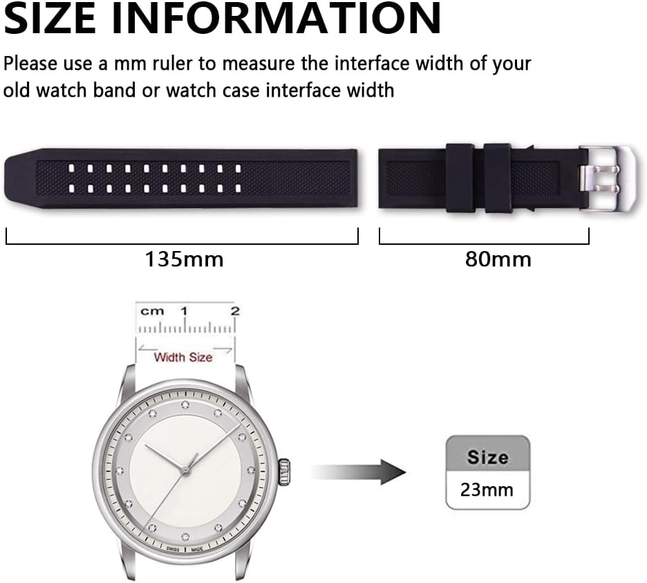 HOT23mm Rubber Watch Strap Fits 3050 8800 3950 Series Silicone Replacement Band with Black/Silver Buckle Waterproof (Black - Black Buckle)