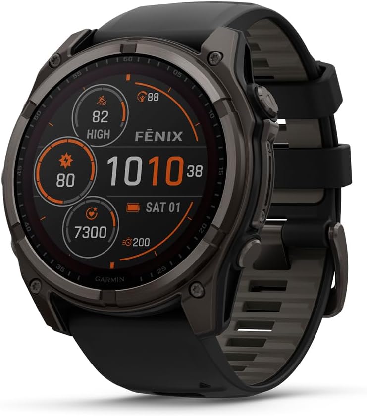 HOTGarmin fēnix® 8 – 51 mm, Solar,Sapphire, Premium Multisport GPS Smartwatch, Connect,Long-Lasting Battery Life, Dive-Rated,Built-in LED Flashlight,Carbon Gray DLC Titanium with Pebble Gray Band | Carbon Gray Dlc Ti Bezel, Black and Pebble Gray Band, LED