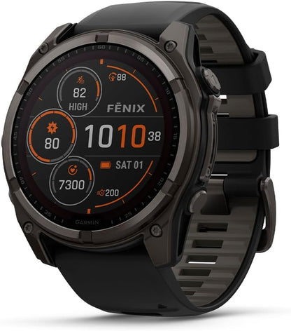 HOTGarmin fēnix® 8 – 51 mm, Solar,Sapphire, Premium Multisport GPS Smartwatch, Connect,Long-Lasting Battery Life, Dive-Rated,Built-in LED Flashlight,Carbon Gray DLC Titanium with Pebble Gray Band | Carbon Gray Dlc Ti Bezel, Black and Pebble Gray Band, LED