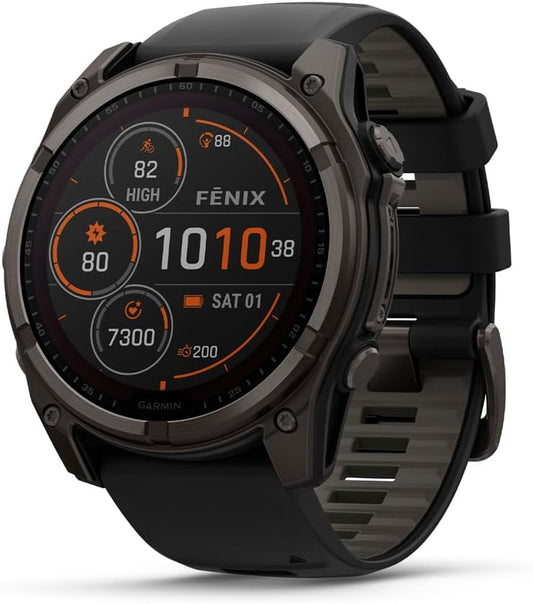 HOTGarmin fēnix® 8 – 51 mm, Solar,Sapphire, Premium Multisport GPS Smartwatch, Connect,Long-Lasting Battery Life, Dive-Rated,Built-in LED Flashlight,Carbon Gray DLC Titanium with Pebble Gray Band | Carbon Gray Dlc Ti Bezel, Black and Pebble Gray Band, LED