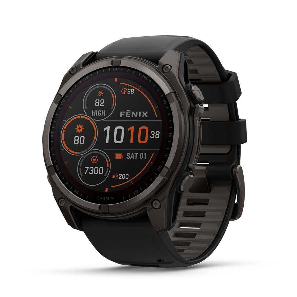 HOTGarmin fēnix® 8 – 47 mm,Solar,Sapphire,Premium Multisport GPS Smartwatch, Long-Lasting Battery Life,Dive-Rated, Built-in LED Flashlight, Carbon Gray DLC Titanium Bezel Black/Pebble Gray Silicone Band | - 47 Mm Sapphire Solar Model with Solar Charging,