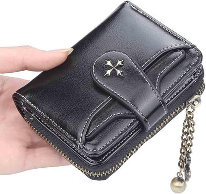 HOTWomen's retro wallet small Y2K credit card bag zipper double fold mini leather aesthetic y2k wallet (Black)
