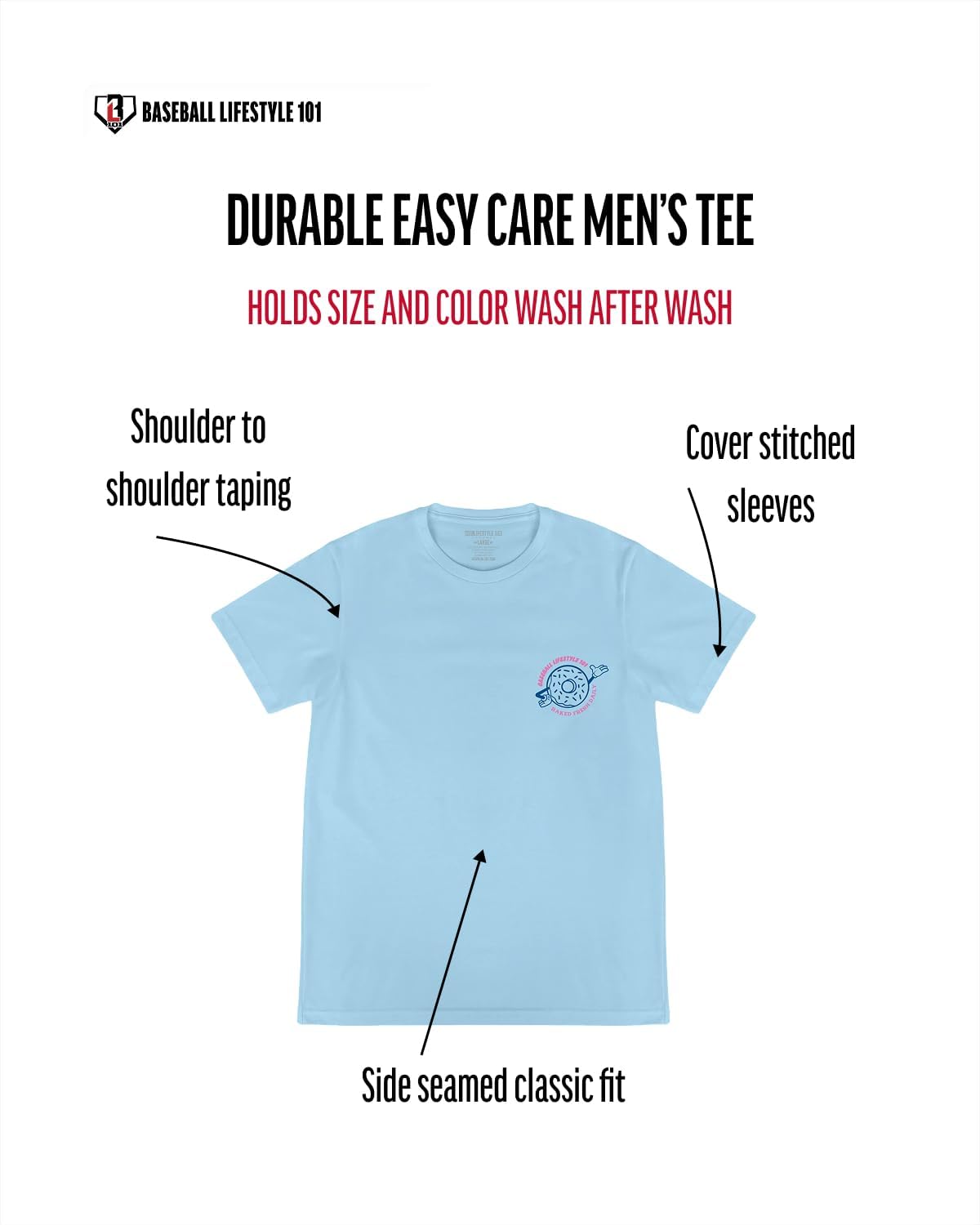 HOTBaseball Lifestyle 101 Donut Tee for Men - White, Soft 60/40 Blend, Breathable, Side-Seamed T-Shirt, Adult Sizes S-XL