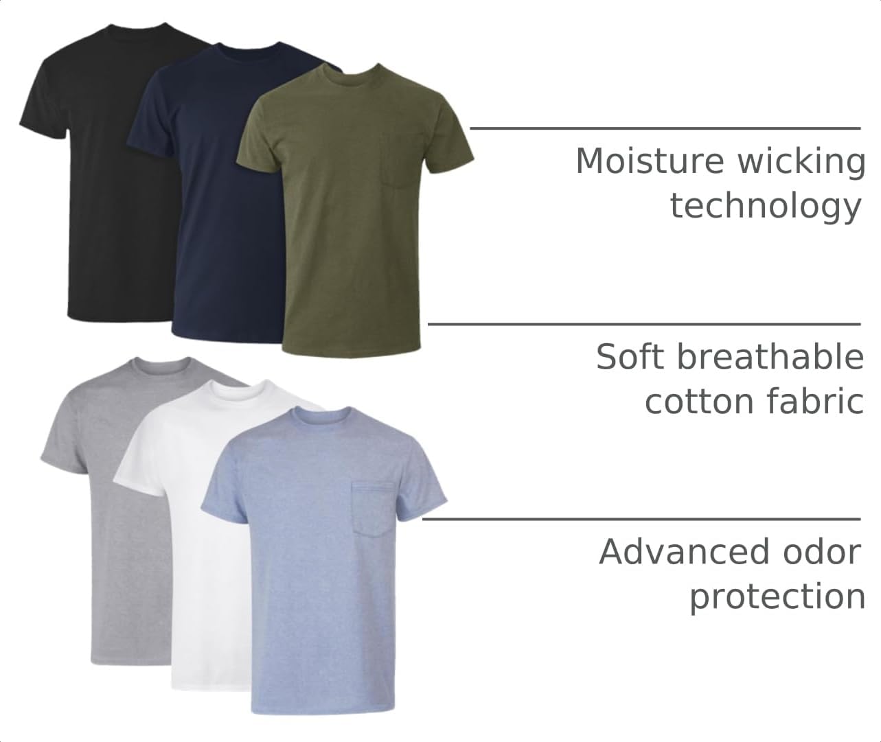 HOTHanes Men's Pocket T-Shirt Pack, 6-Pack, Cool & Breathable Cotton Tees, Stay-Tucked Undershirts for Men