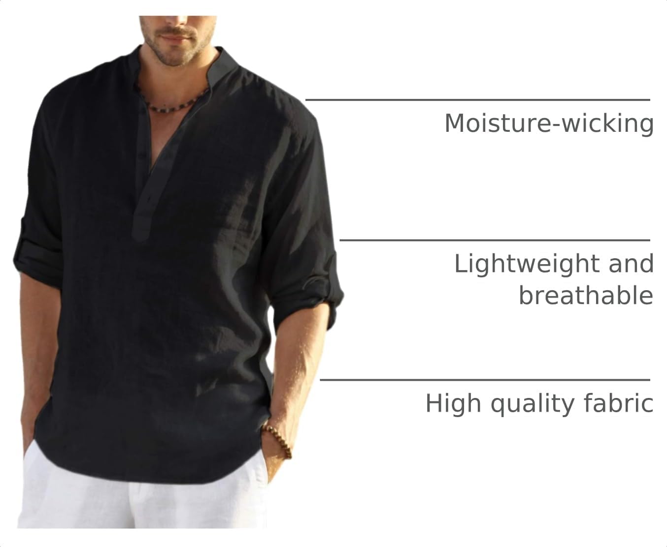 HOTCOOFANDY Men's Cotton Linen Henley T-Shirt Long Sleeve Hippie Casual Beach T-Shirts