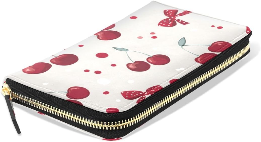 HOTBolaz Long Wallets Leather Bifold Wallet for Women Red Cherry Polka Dot with Zipper Credit Card Holder Large Capacity