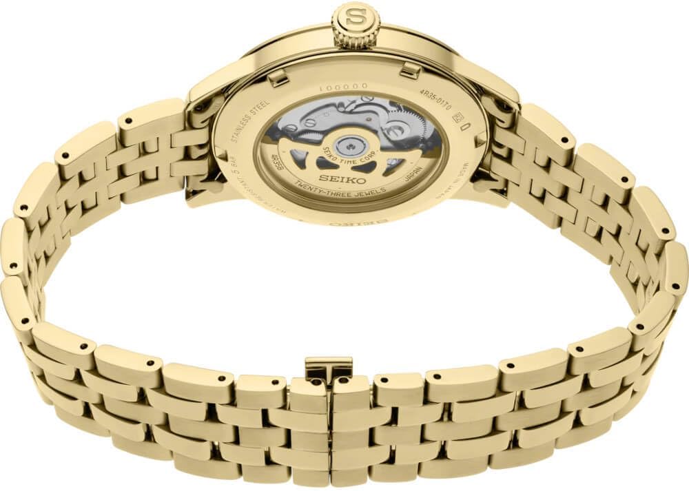 HOTSEIKO Automatic Watch for Men - Presage Cocktail Time - Patterned Dial | Gloss Finish, Date Calendar, Stainless Steel, Water-Resistant 50M, 41-Hour Reserve Power, See-Through Caseback