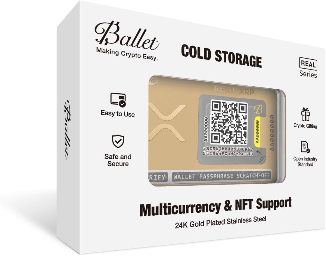 HOTBallet REAL XRP Cold Storage Wallet Card, 24K Gold-Plated Stainless Steel, No Electronics, No Seed Phrase, No PIN/Password, Easy Setup with iOS/Android App, Offline Crypto Storage, Gift-Ready