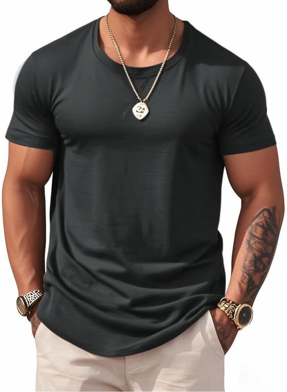 HOTMens 3 Pack Cotton Hipster Longline T Shirts Curved Hem Plain Hip Hop Short Sleeve Tee Fitted Casual Drop Cuts Crewneck