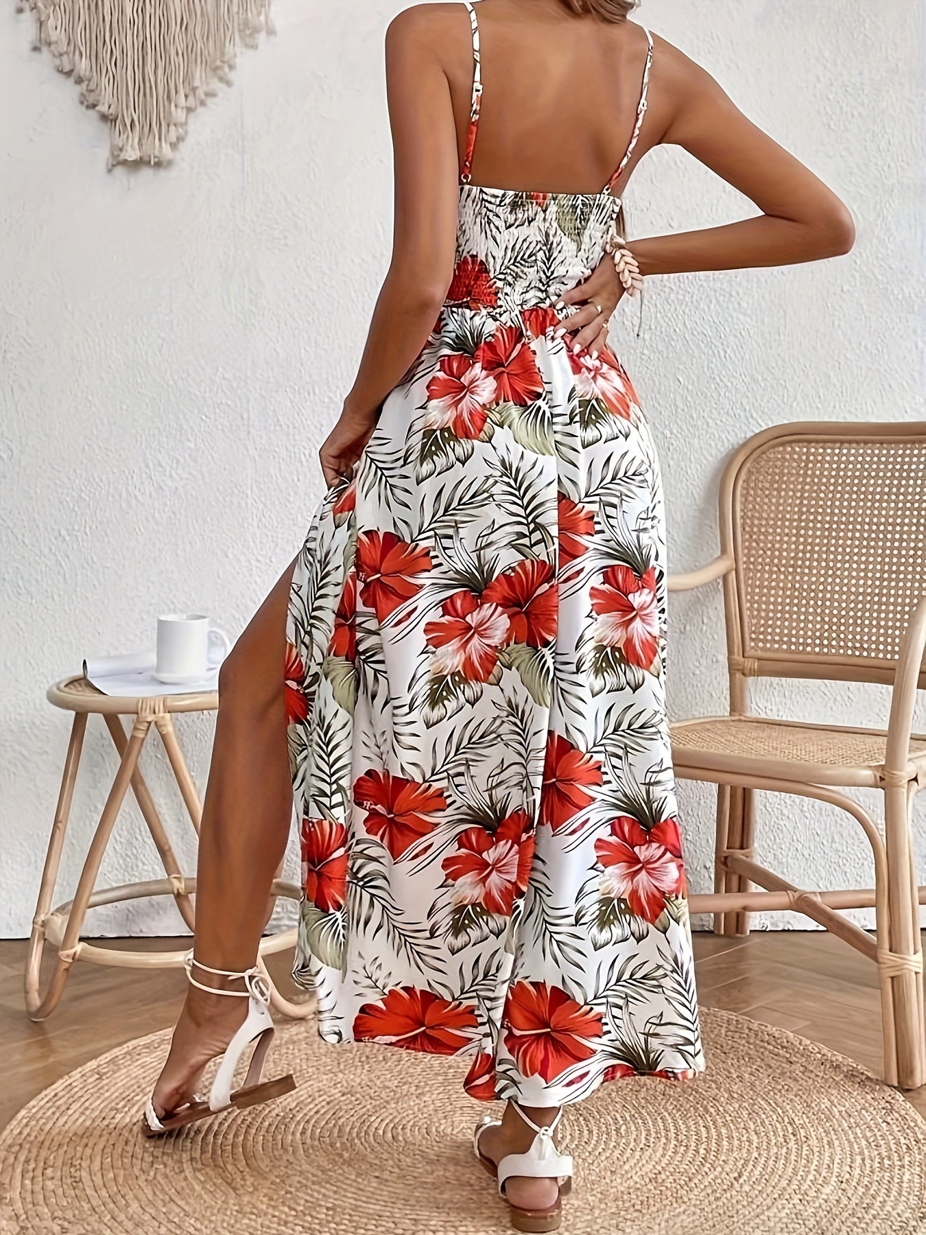 today's deals，No middlemen!Floral Print Spaghetti Strap Dress, Elegant Sleeveless Split Dress For Spring & Summer, Women's Clothing