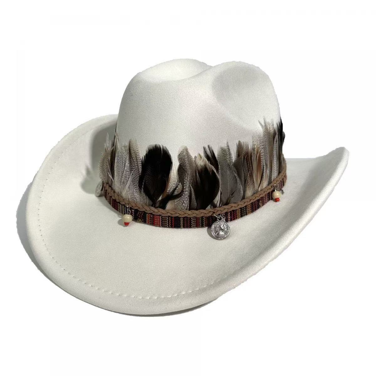 Western-Style Feather-Decorated Cowboy Hat, Retro Ethnic Suede Fedora, Outdoor Travel Sunshade Jazz Hat