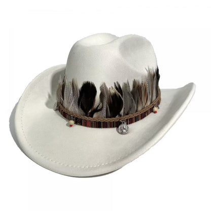 Western-Style Feather-Decorated Cowboy Hat, Retro Ethnic Suede Fedora, Outdoor Travel Sunshade Jazz Hat