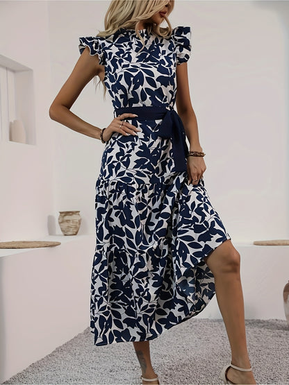 today's deals，No middlemen!Floral Print Mock Neck Lace Up Dress, Elegant Flutter Sleeve Dress For Spring & Summer, Women's Clothing