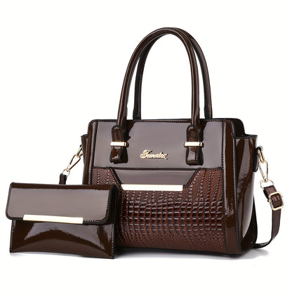 today's deals，No middlemen to make the difference!Classic Solid Color Crocodile Pattern Tote Bag With Clutch Purse, Textured Bags For Women