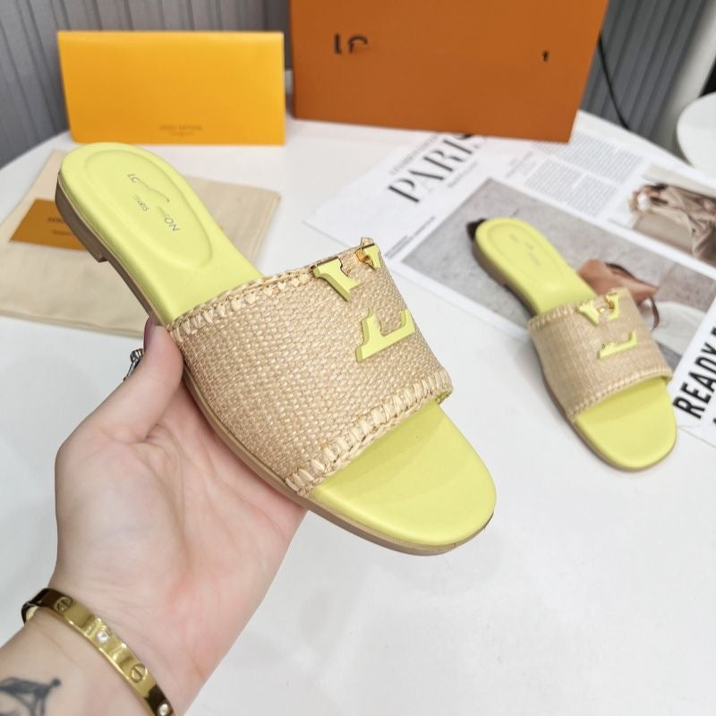 【#A518】Woven Metal Decor Slide Sandals for Women, Summer Flat Outdoor Vacation Slippers