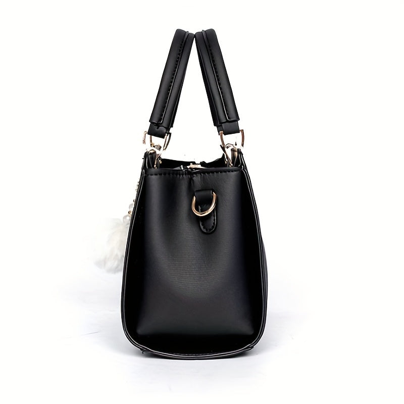 today's deals，No middlemen to make the difference!Fashion Solid Color Handbag, Women's Top Handle Square Purse, Elegant Crossbody Bag With Pompom Ball Pendant