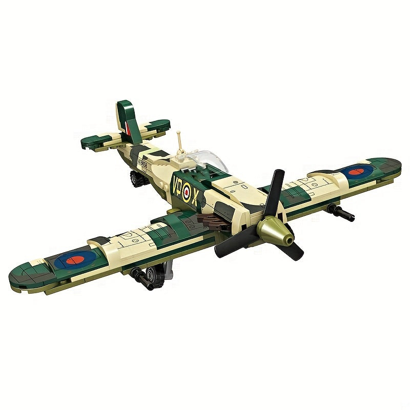 331pcs Military Spitfire Aircraft Model, Small Building Blocks, Educational Toy With 2 Soldiers, Christmas And Halloween Gifts For Children