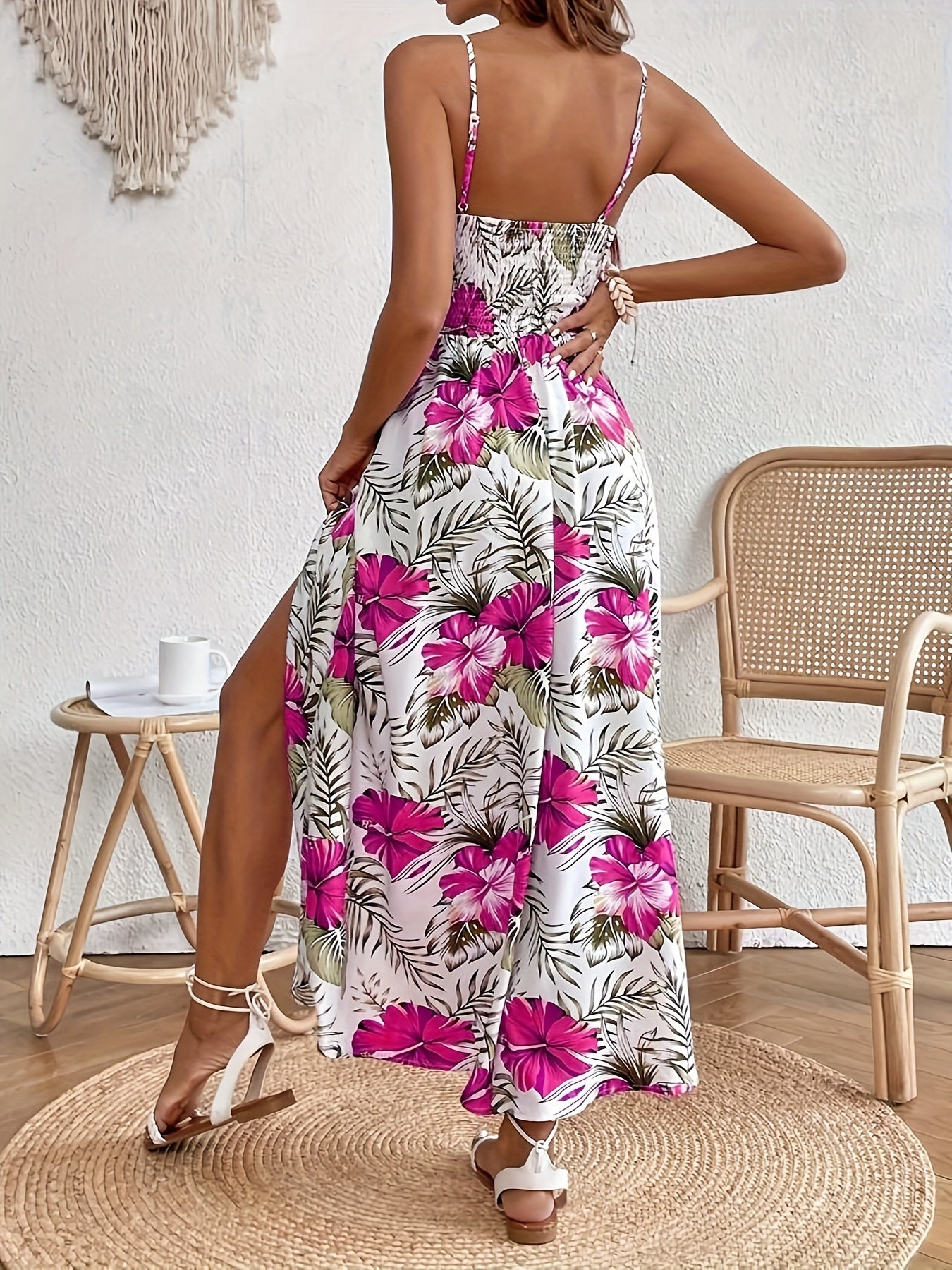 today's deals，No middlemen!Floral Print Spaghetti Strap Dress, Elegant Sleeveless Split Dress For Spring & Summer, Women's Clothing