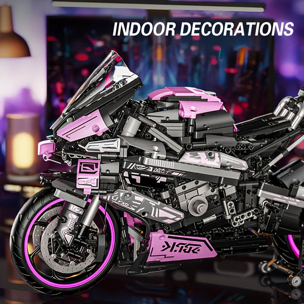 1985pcs Motorcycle Building Block Toy Set, Super Racing Car Design Toy Set, Cool Pink Appearance Puzzle Toy, Holiday Birthday New Year Gift,