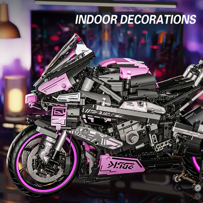 1985pcs Motorcycle Building Block Toy Set, Super Racing Car Design Toy Set, Cool Pink Appearance Puzzle Toy, Holiday Birthday New Year Gift,