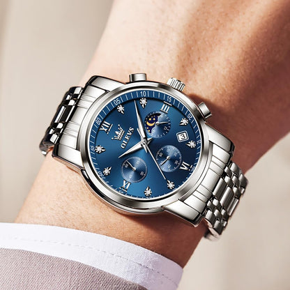 HOTOLEVS Watch for Men Diamond Business Dress Analog Quartz Stainless Steel Waterproof Luminous Date Two Tone Luxury Casual Wrist Watch Blue