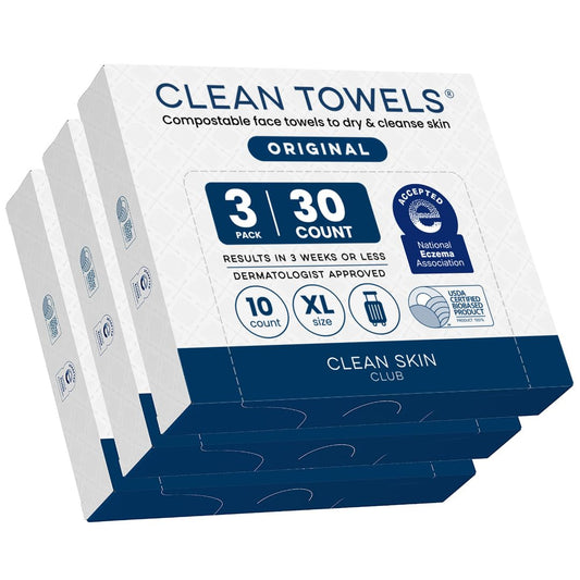 HOTClean Skin Club Clean Towels XL®, Travel Pack 100% USDA Biobased Disposable Face Towel, Eczema Association Accepted,Dry Wipes, TSA-Approved Travel Essential, 3 Packs, 30 ct Total