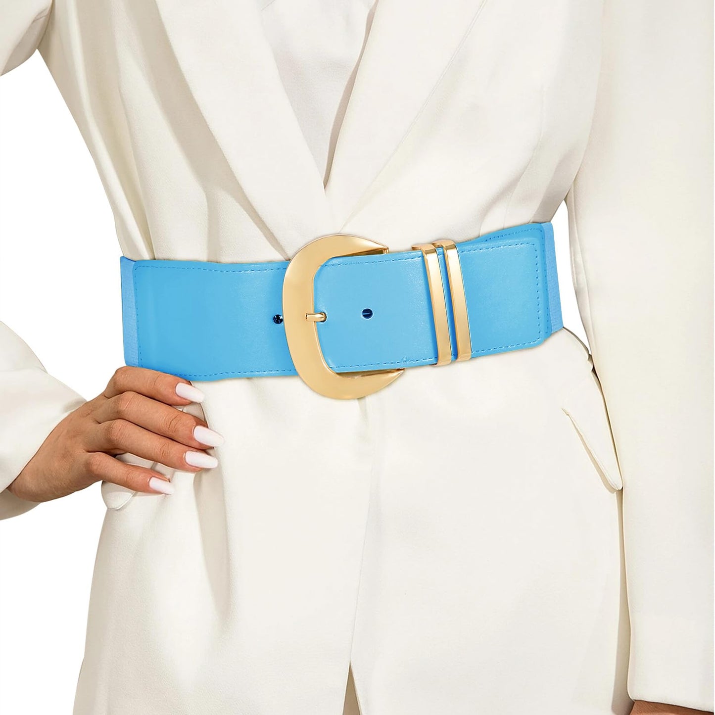 HOTWHIPPY Women Wide Elastic Waist Belt for Dresses Fashion Gold Buckle Stretchy Leather Waistband for Ladies
