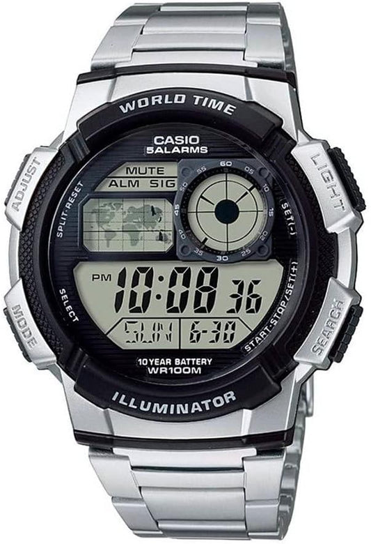 HOTCasio AE1000W Series | Men’s Digital Watch | 100M WR | Multi Alarms | 100 SEC Stopwatch | Countdown Timer | World Map for World Time | LED Light | LC Analog Display | 10 Year Battery