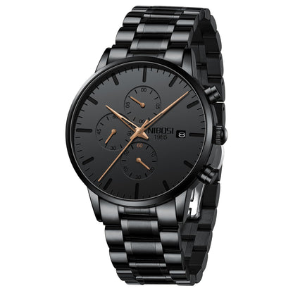 HOTNIBOSI Men's Analog Chronograph Watch, Minimalist Black Dial with Date | Waterproof Stainless Steel Strap, Business Fashion Casual Quartz Wrist Watches for Men