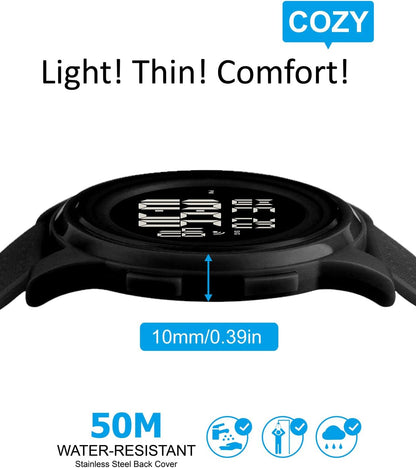 HOTOLAZONE Digital Watches Men Ultra-Thin Minimalist Sports Waterproof with Wide-Angle Display Rubber Strap Wrist Watch for Men