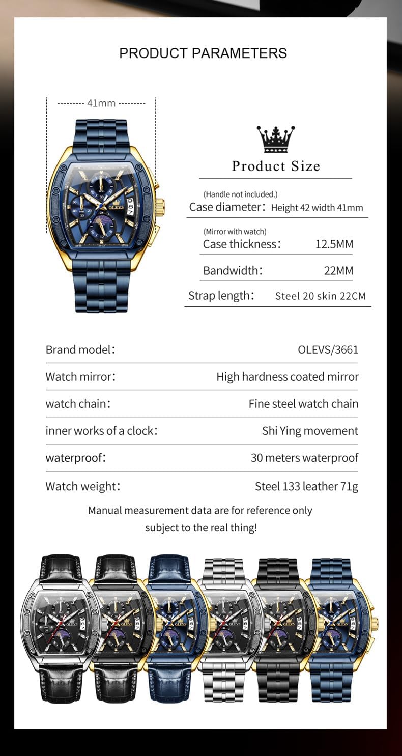 HOTOLEVS Mens Watches Analog Quartz Chronograph Square Dress Watch for Man Stainless Steel or Leather Band Waterproof Luminous Date Male Watch
