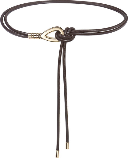 HOTWomen Knotted Skinny PU Leather Waist Belt Gold Buckle for Dresses