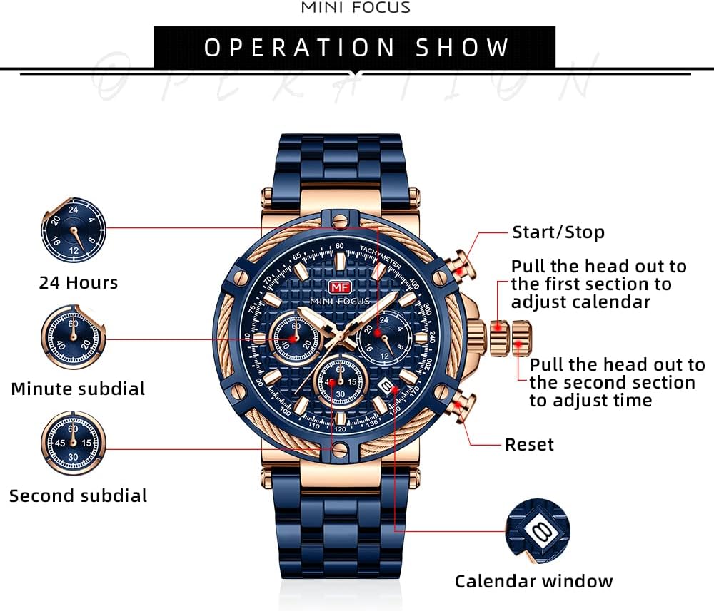 HOTMF MINI FOCUS Business Men Watches (Chronograph/Waterproof/Luminous/Calendar/24 Hours) Big Face Stainless Steel Band Watches for Men