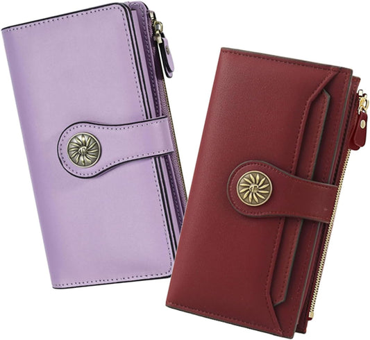 HOTTravelambo Wallets Women RFID Large Capacity Luxury Waxed Leather Clutch Wallet Multi Card Organizer (Light Purple + Burgundy)